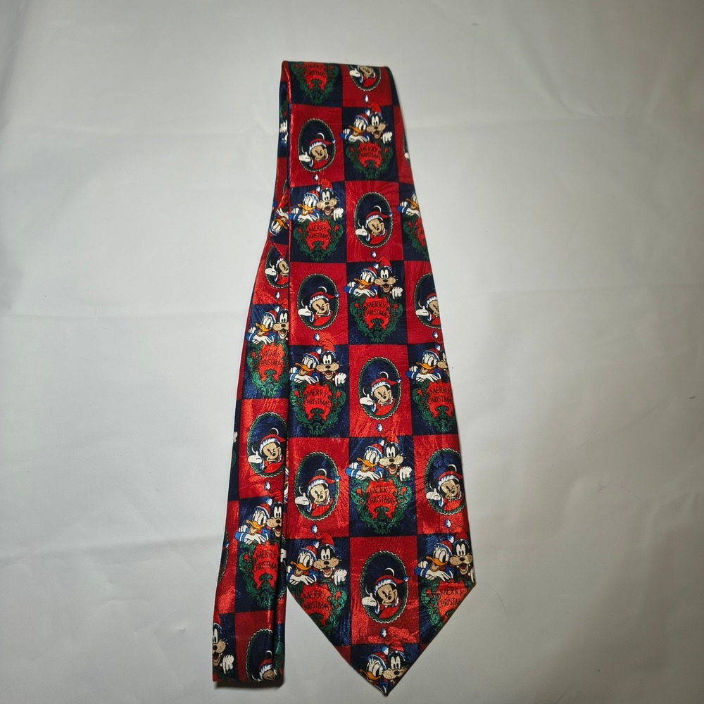 Disney Mickey Unlimited Mens Christmas Tie Mickey Donald Goofy Red Navy Italy